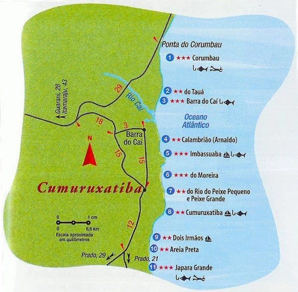 Mapa das praias de Cumuruxatiba e região